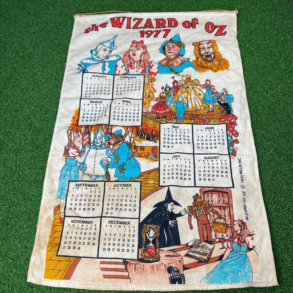 Vintage 1977 Wizard of Oz MGM Linen Wall Calendar Dorothy Tin Man 28"